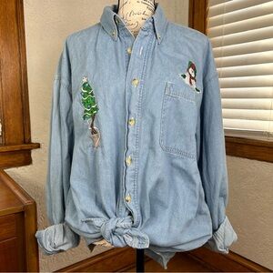 VTG LA LOVING Embroidered Winter Scene Button Front Denim Shirt Size L